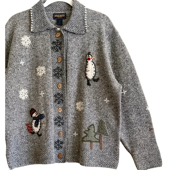 WOOLRICH Vintage Cottagecore Grannycore Snowflake Snowman Christmas Sweater XL - Picture 7 of 10